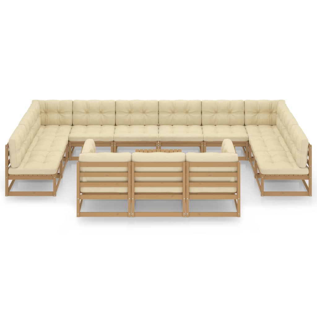 14-tlg. Garten-Lounge-Set Kissen Honigbraun Kiefer Massivholz